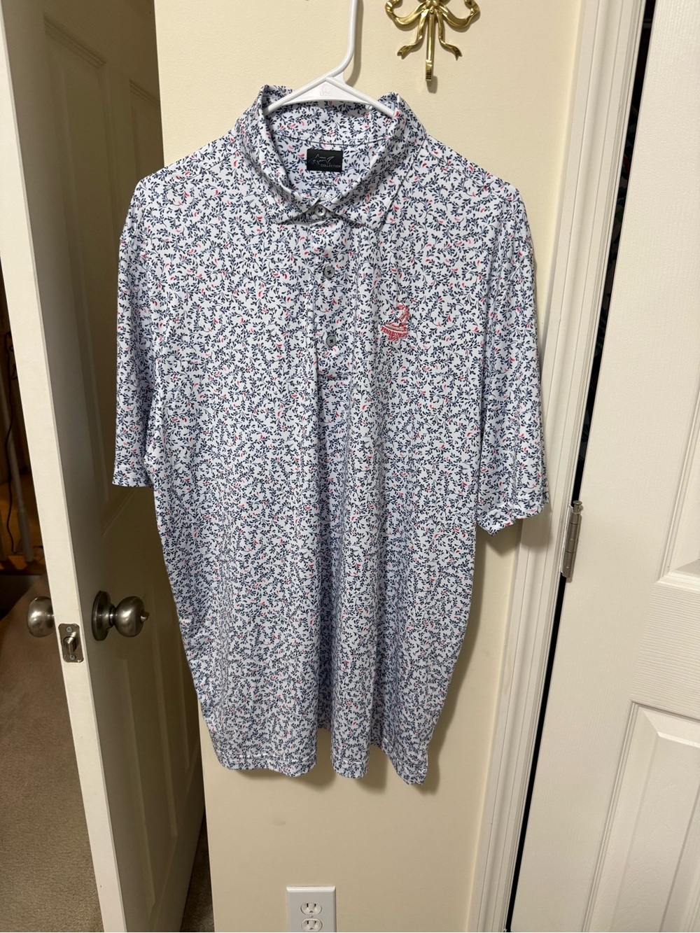 Greg Norman Collection Men’s Polo Blue and Red Floral Print with Pinehurst Logo